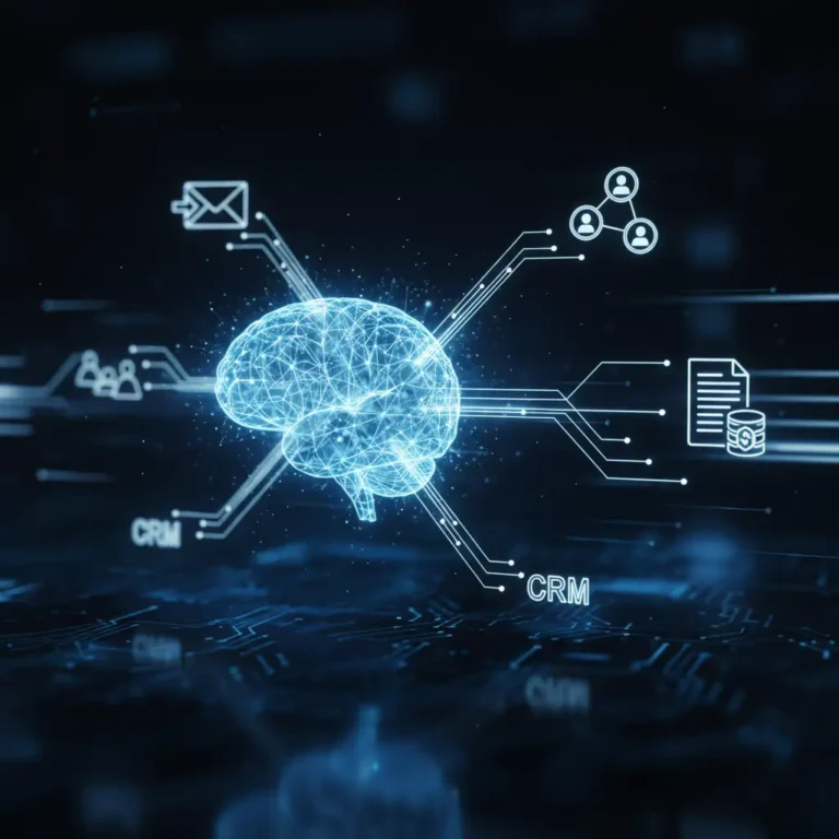 Une illustration montrant comment automatiser son entreprise avec des rouages connectant différentes tâches (marketing, vente, administration).