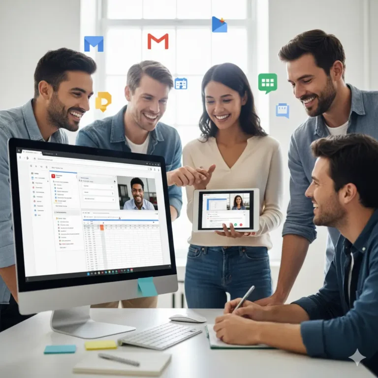 Une équipe souriante collaborant sur un projet, illustrant les avantages de Google Workspace pour PME.