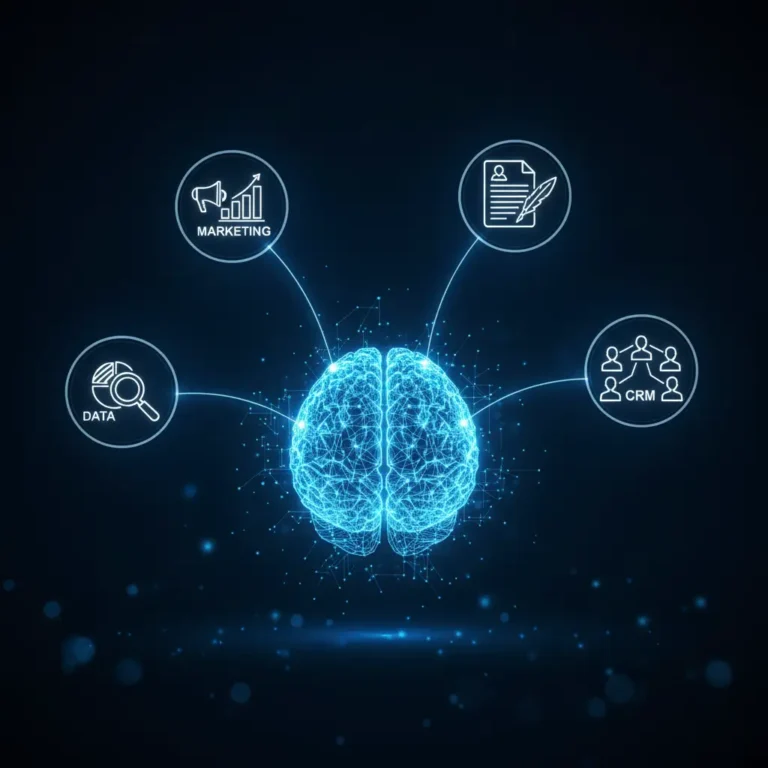 Un cerveau numérique connecté à des icônes business, symbolisant le potentiel de l'IA PME