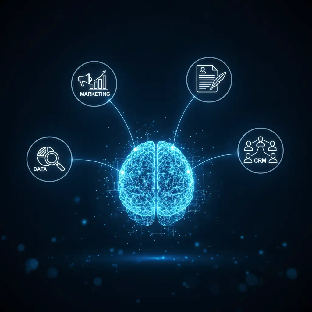 Un cerveau numérique connecté à des icônes business, symbolisant le potentiel de l'IA PME