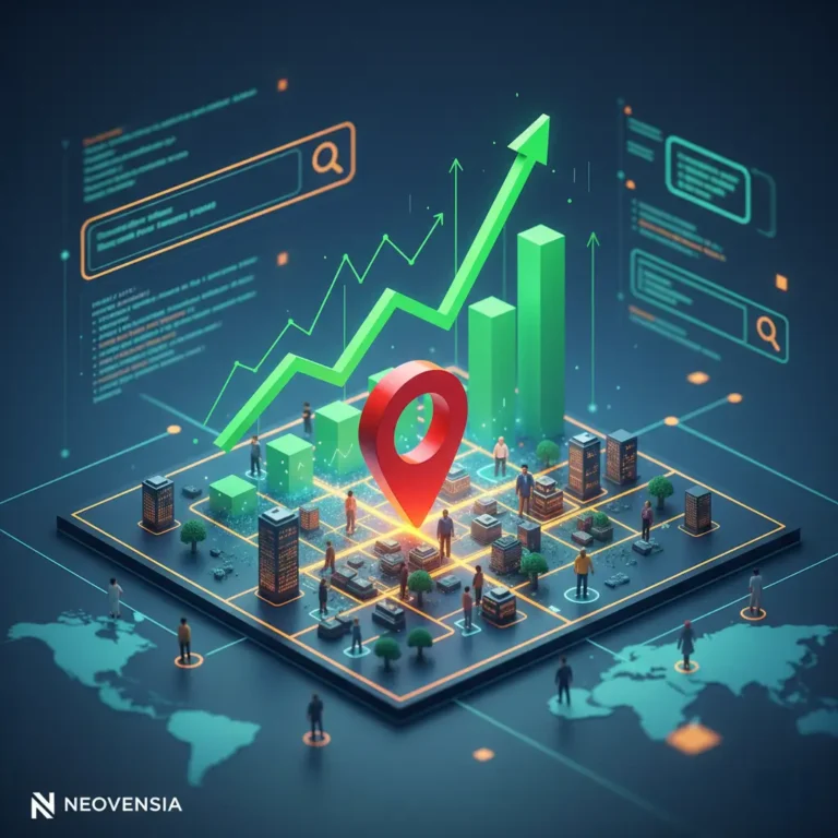 croissance d'une entreprise grâce au SEO local, montrant une carte et des graphiques ascendants