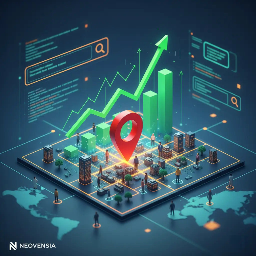 croissance d'une entreprise grâce au SEO local, montrant une carte et des graphiques ascendants
